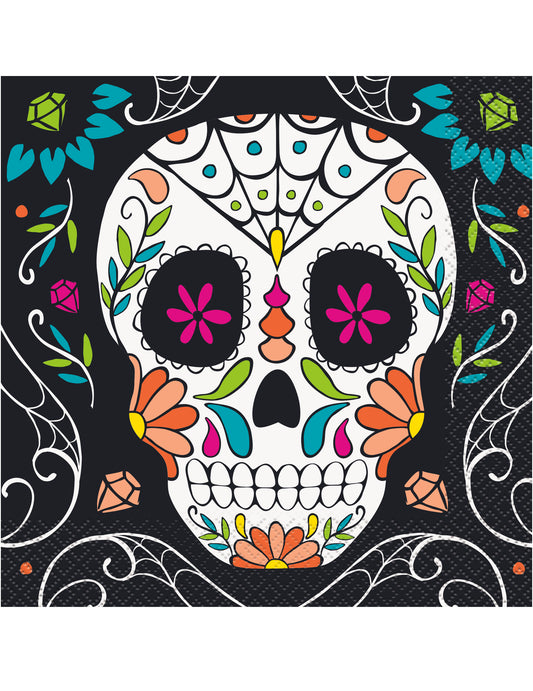 Serviettes en papier tête de mort Day of the Dead pour fête multicolores sur fond noir