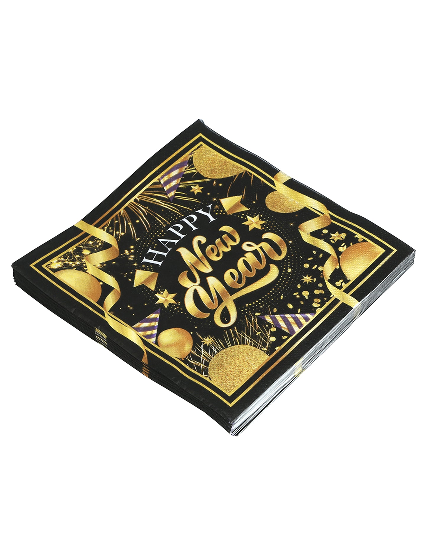 20 черни и златни хартиени салфетки „Честита Нова Година“, 33 x 33 cm