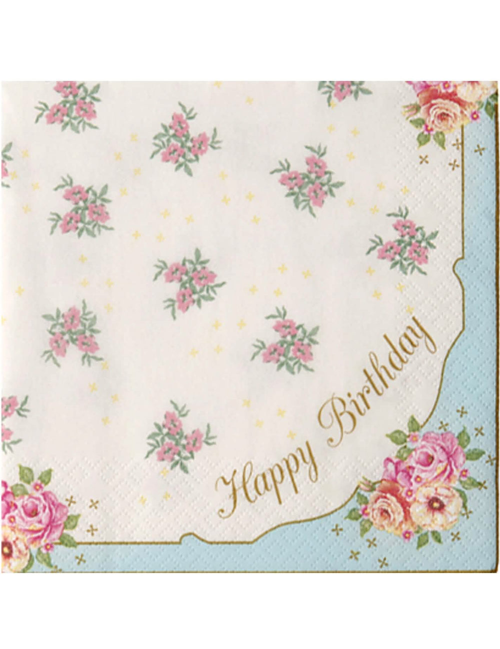 Détail de l'inscription dorée des serviettes en papier Happy Birthday pour thé entre copines fleurs roses