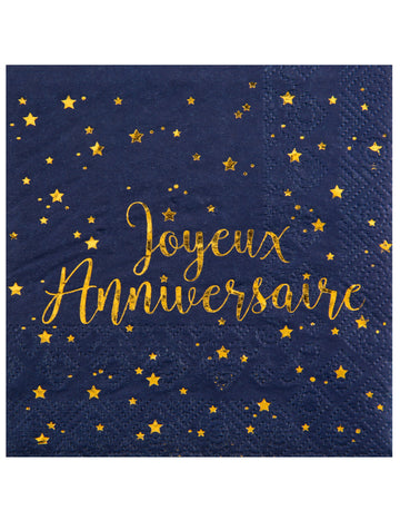 20 serviettes papier joyeux anniversaire bleu marine et doré 25 x 25 cm