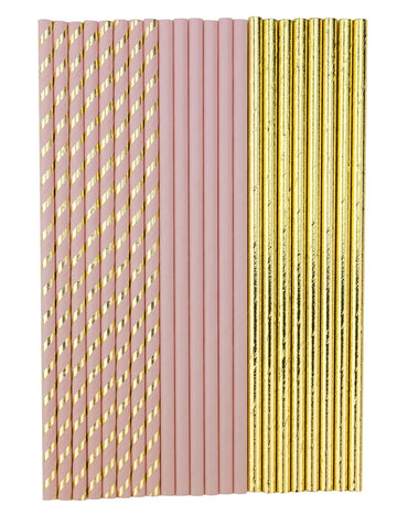 22 картонени сламки в прахово розово и златисто 19,5 cm за рожден ден