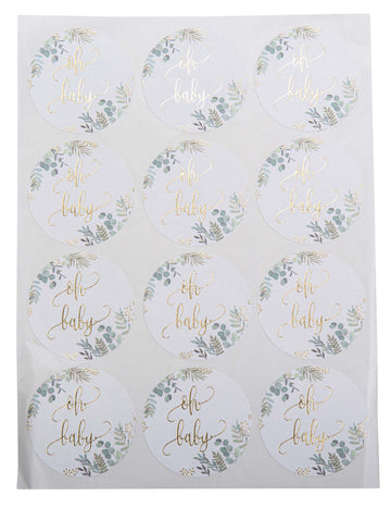 24 кръгли стикера "Oh Baby" с растителна и златна тематика 5 cm