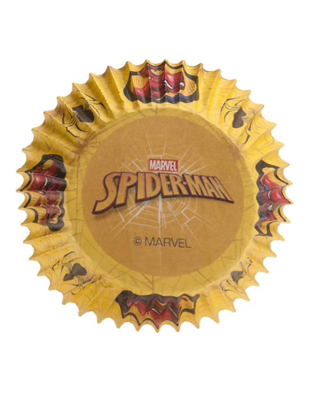 Détail du logo sous le fond des moules à cupcakes en papier Spiderman