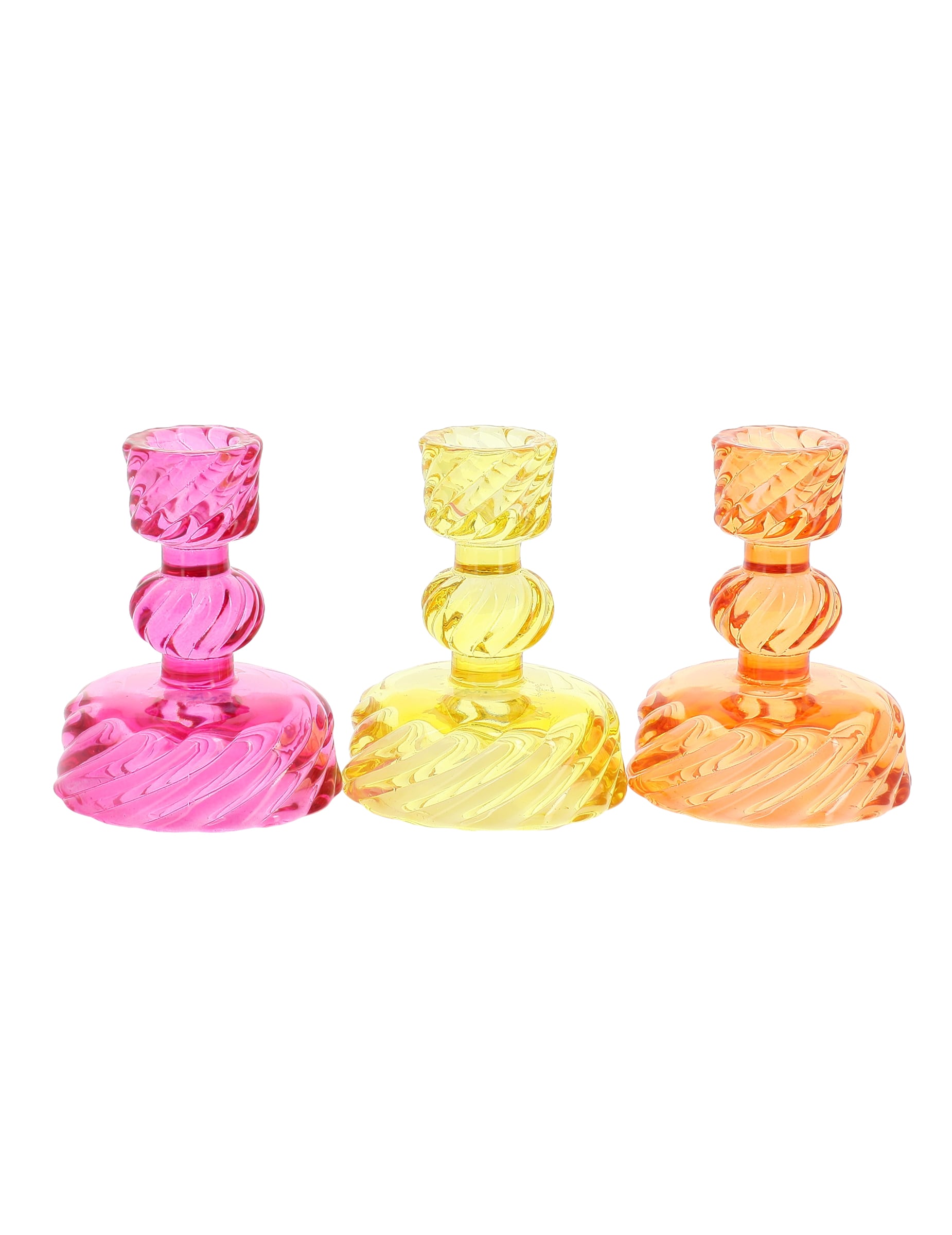 Bougeoirs à chandelles en verre rose jaune et orange torsadé