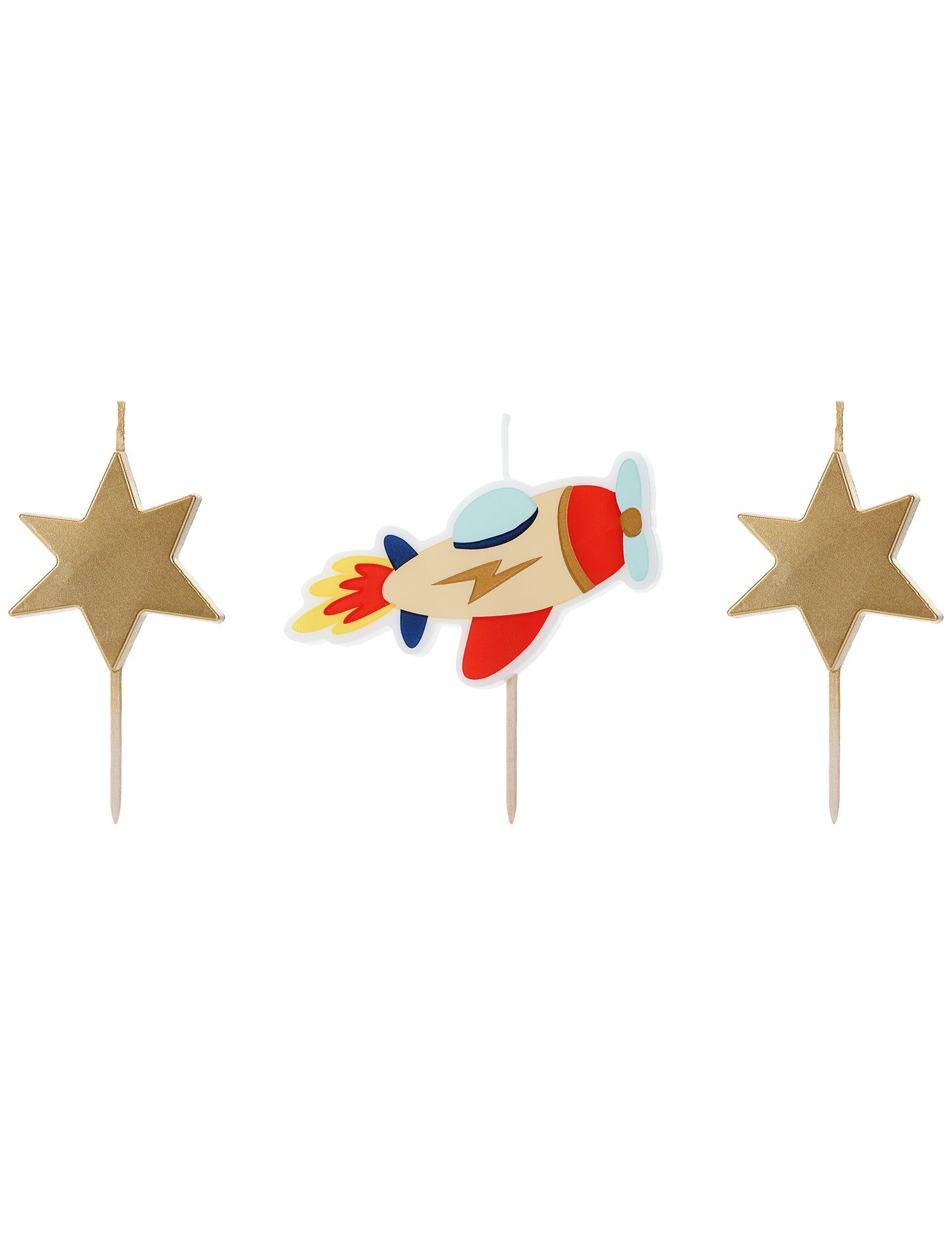 3 свещи за рожден ден с малък самолет и златни звезди