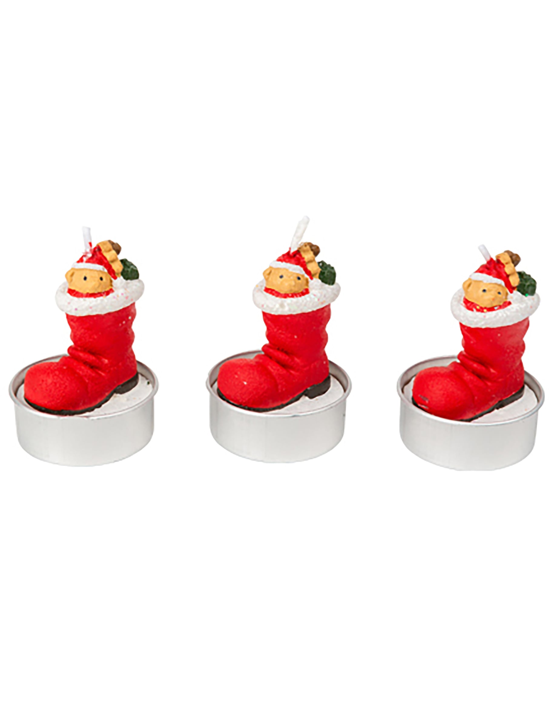3 bougies botte du père noël avec ourson rouge et blanc