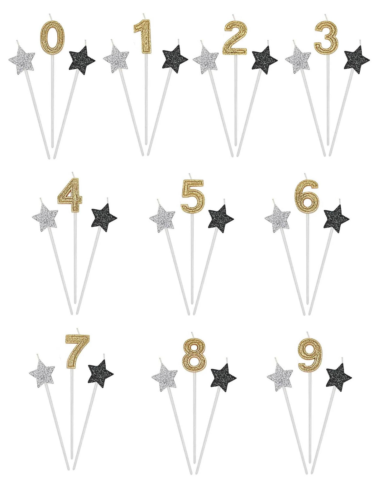 Bougies d'anniversaire chiffre pour gâteau dorées argentées et noires pailletées