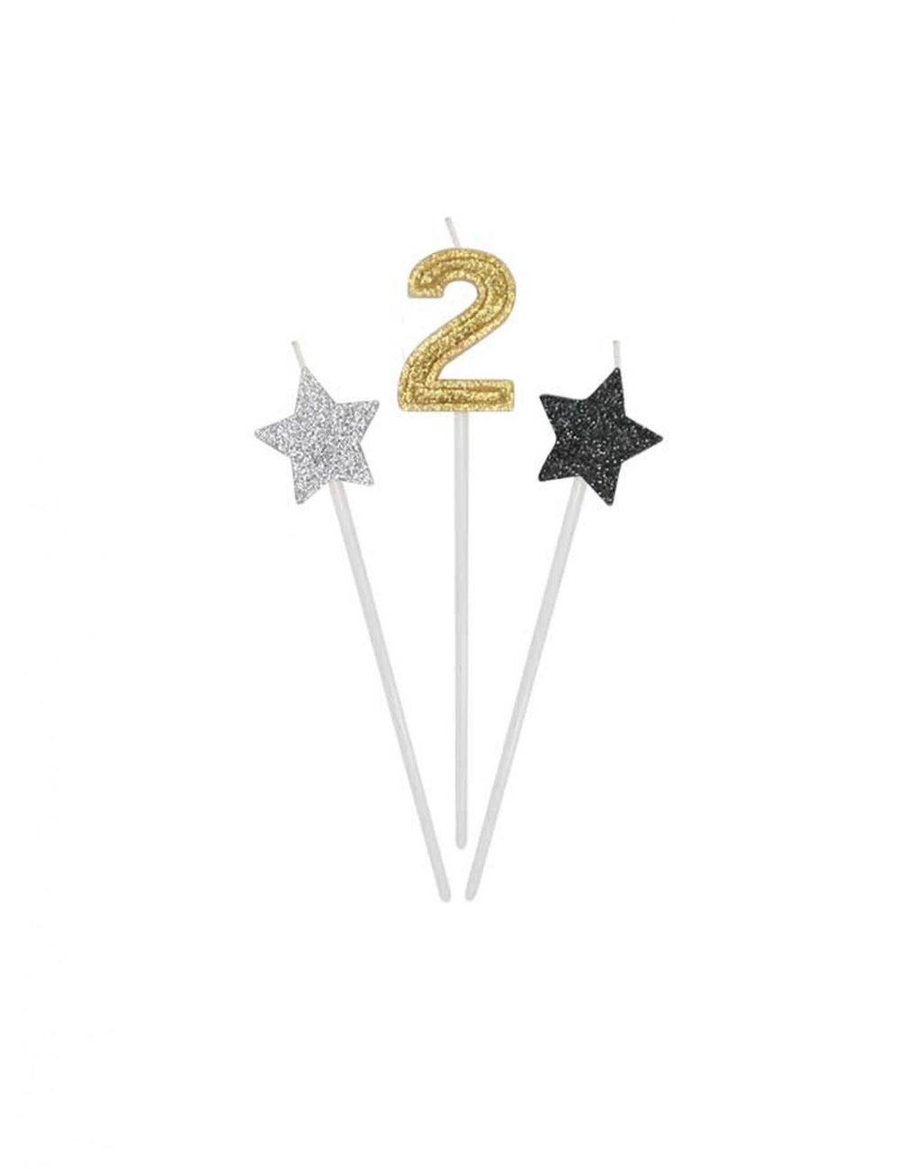 Détail du chiffre 2 et des étoiles des bougies d'anniversaire chiffre pour gâteau dorées argentées et noires pailletées