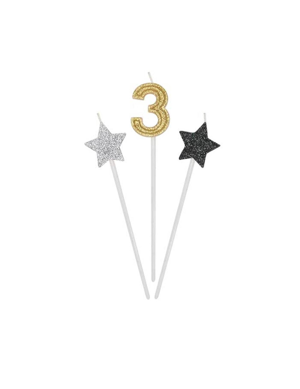 Détail du chiffre 3 et des étoiles des bougies d'anniversaire chiffre pour gâteau dorées argentées et noires pailletées