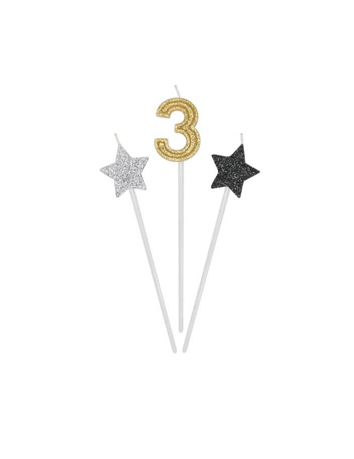 Détail du chiffre 3 et des étoiles des bougies d'anniversaire chiffre pour gâteau dorées argentées et noires pailletées