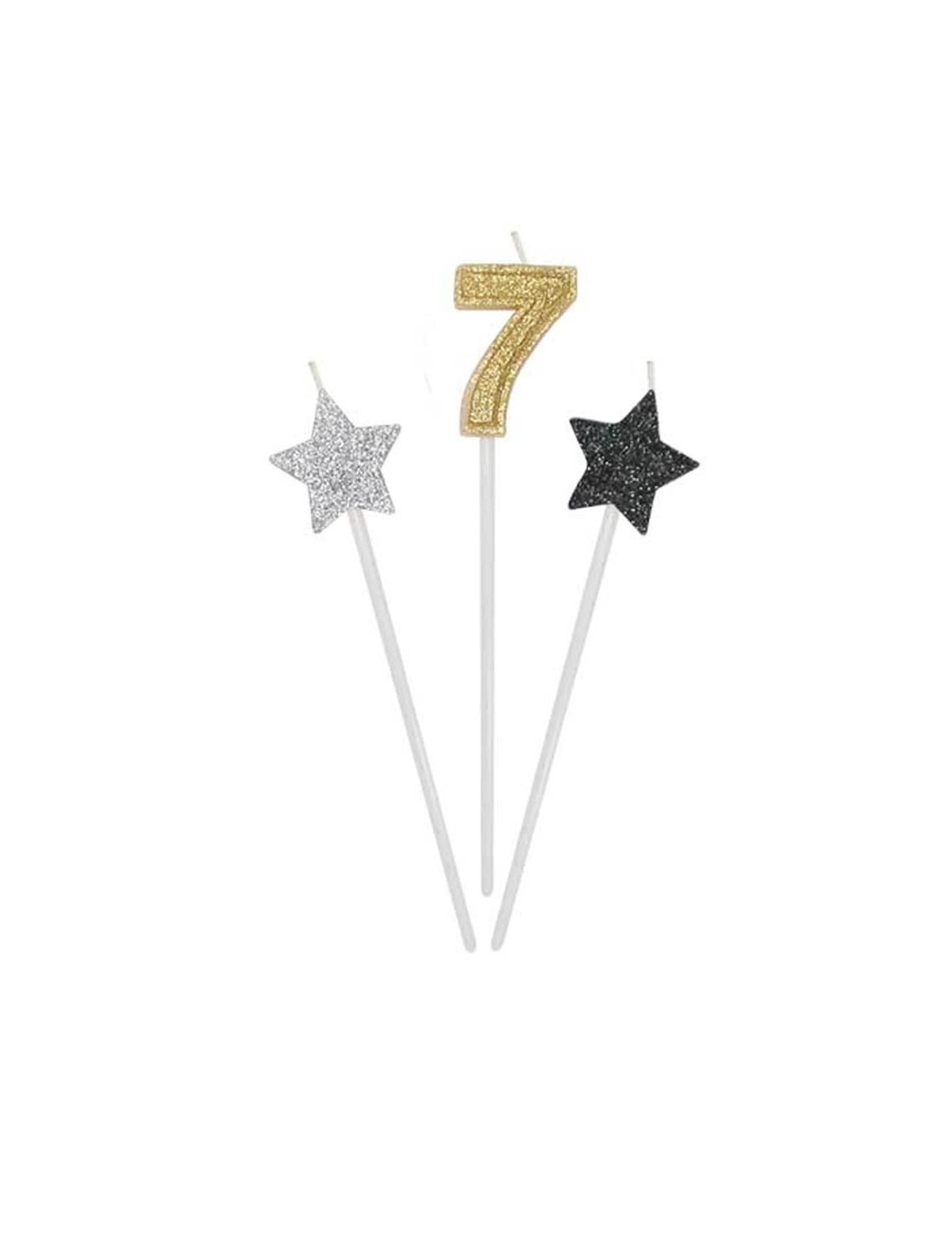Détail du chiffre 7 et des étoiles des bougies d'anniversaire chiffre pour gâteau dorées argentées et noires pailletées