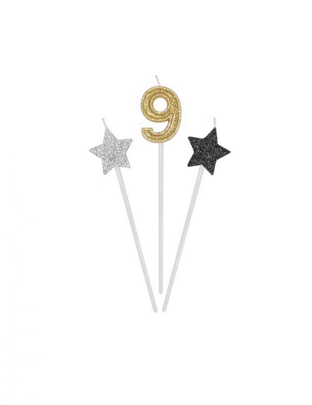 Détail du chiffre 9 et des étoiles des bougies d'anniversaire chiffre pour gâteau dorées argentées et noires pailletées