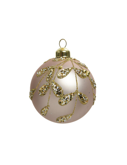 Boule de noël en verre rose poudré avec feuilles dorées à paillettes
