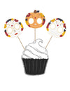 3 cake toppers en bois Dia de los Muertos calaveras et citrouille blanc et orange