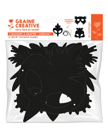 3 masques plats à gratter en carton oiseaux avec élastiques