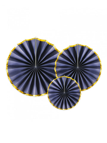 3 хартиени розетки в тъмносиньо и златно 23, 32 и 40 cm за окачване 