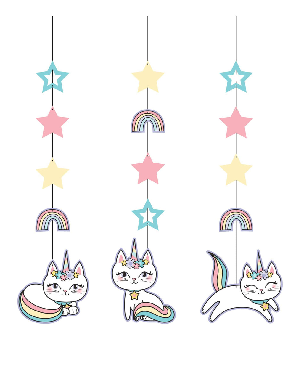 Картонени висящи декорации caticorn за рожден ден в пастелни цветове със звезди и дъги