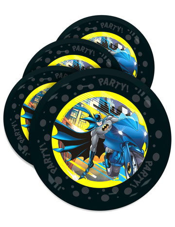Assiettes réutilisables Batman pour enfant noires et jaunes avec Batman sur sa moto