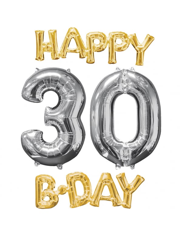 Ballons aluminium Happy Bday 30 pour anniversaire or et argent