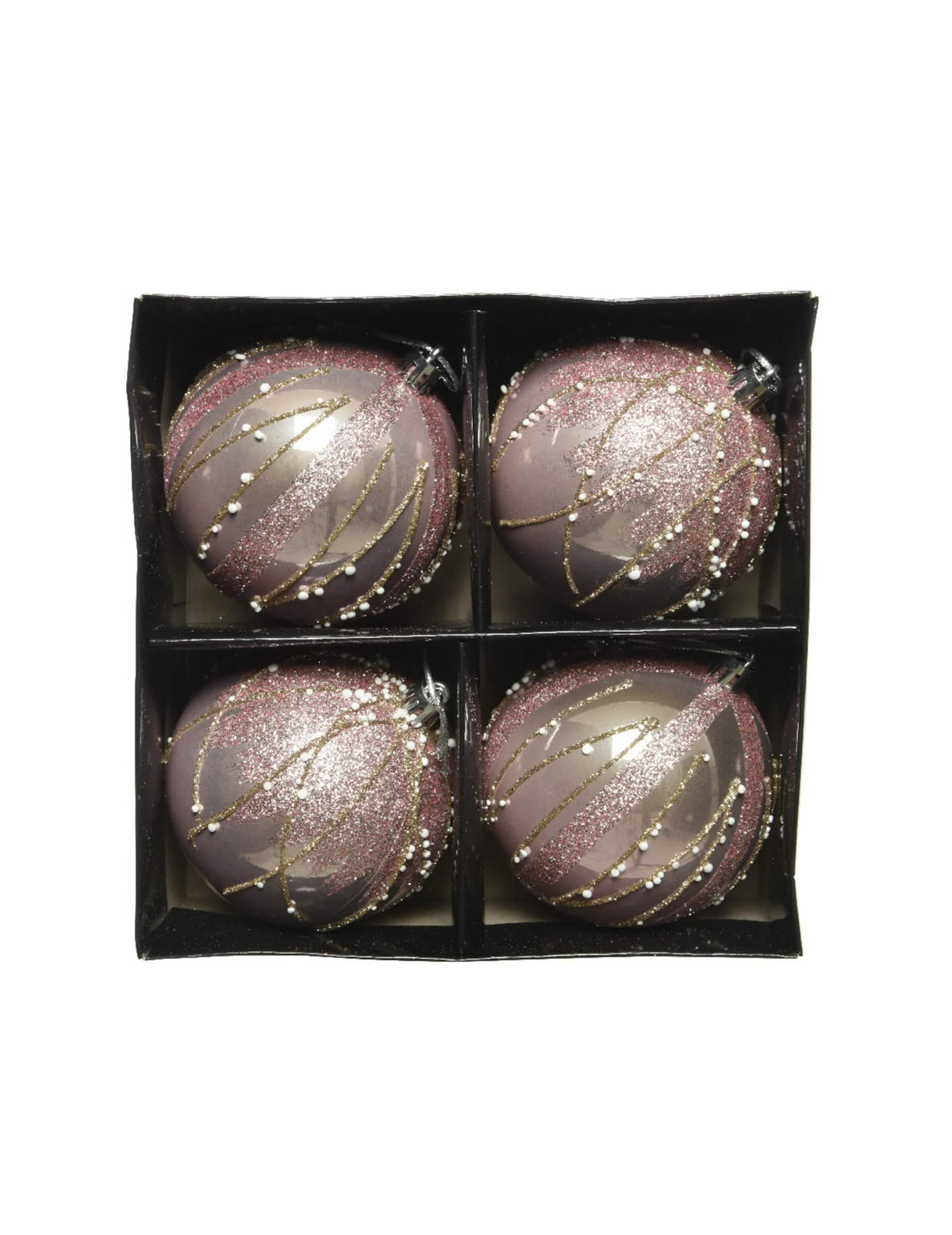 Vue dans leur boîte des boules de Noël paillettes rose et or avec perles