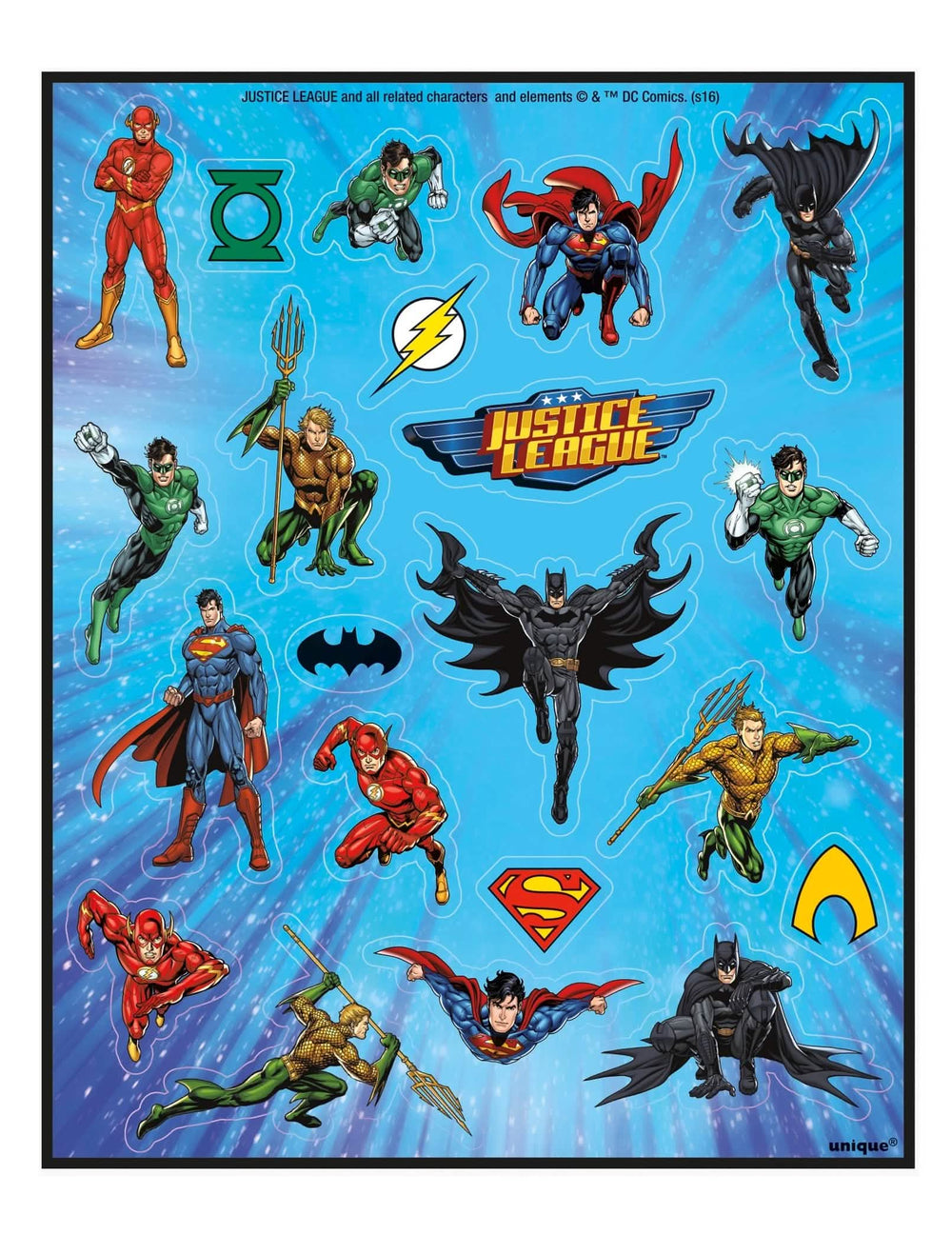 Feuilles de stickers Justice League multicolores avec Superman Batman et Flash