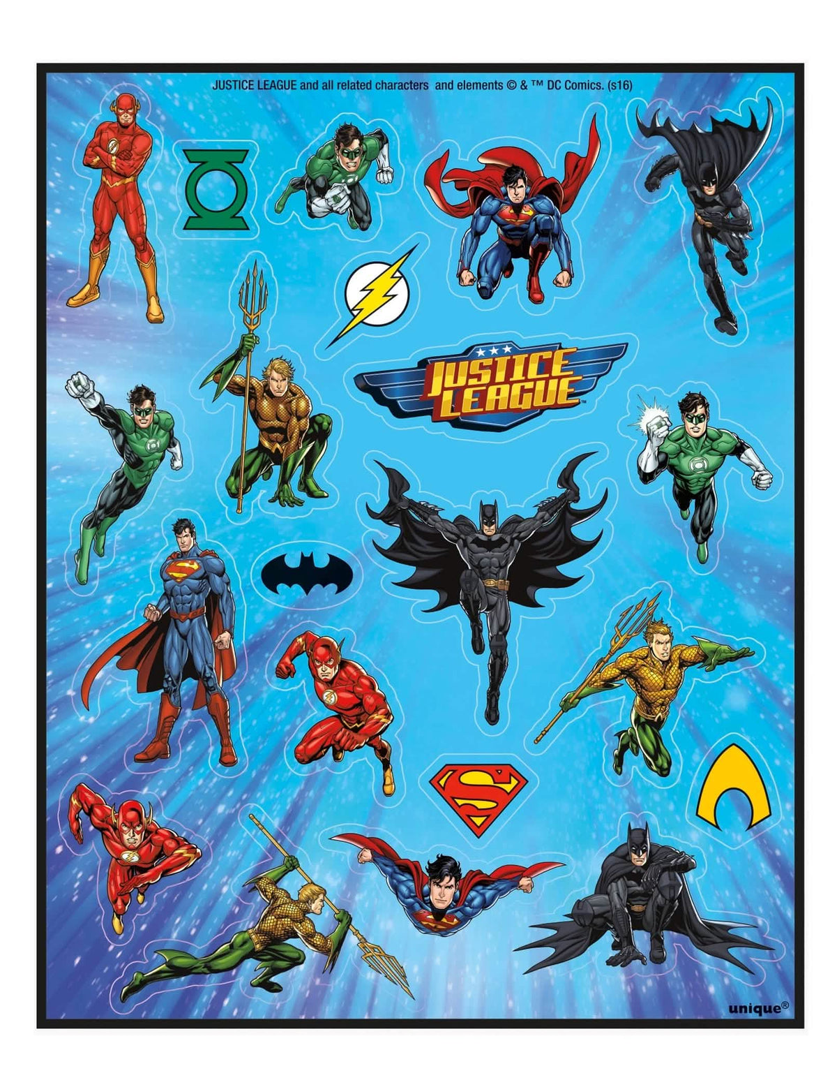 Feuilles de stickers Justice League multicolores avec Superman Batman et Flash