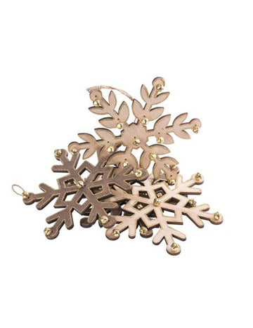 4 дървени снежинки с брокат и златни звънчета 18 cm 