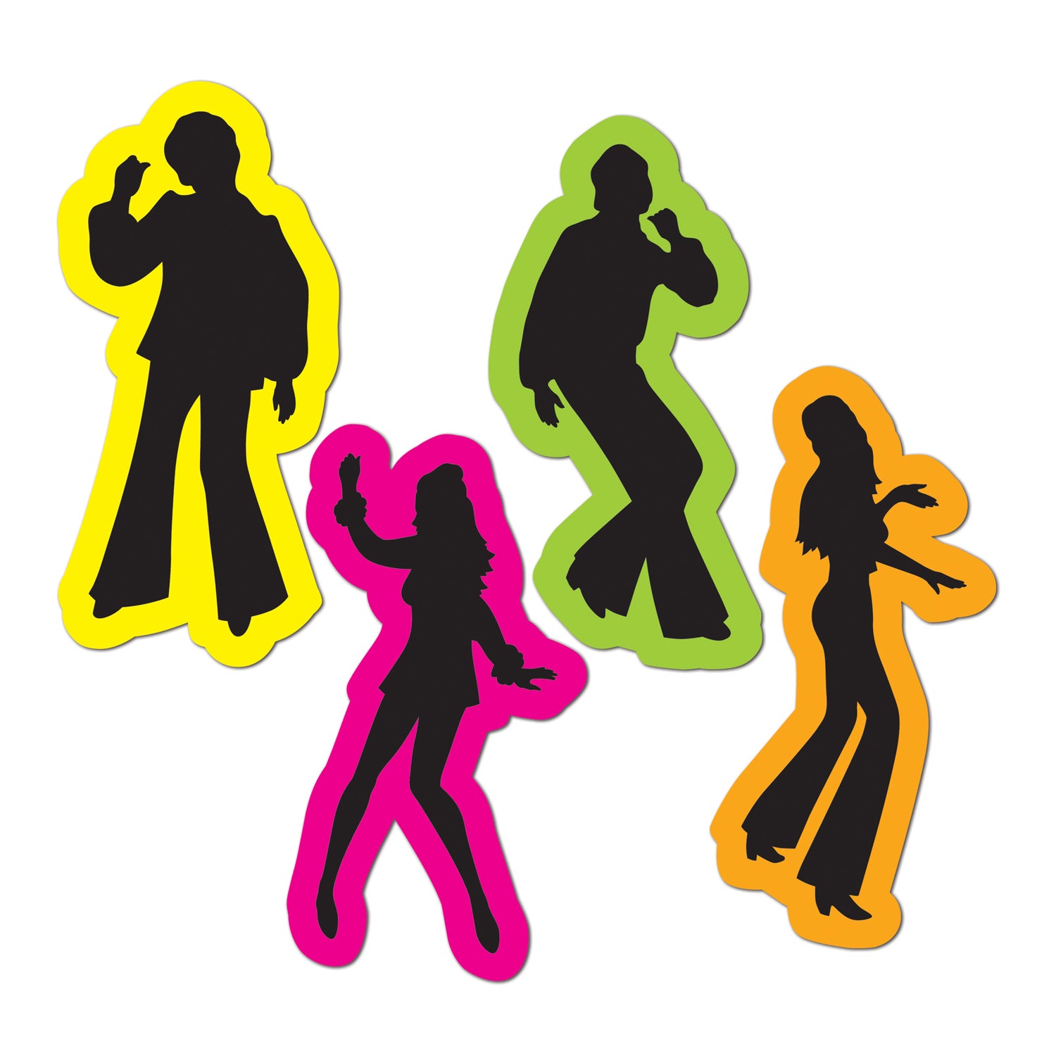 Silhouettes rétro disco années 70's pour fête 4 danseurs noirs avec contours multicolores