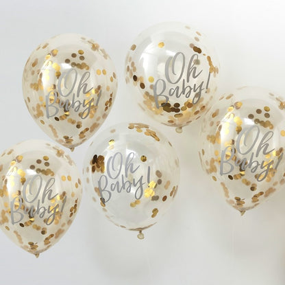 Vue d'ensemble du lot de 5 ballons Oh Baby en latex transparents à confettis dorés métallisés