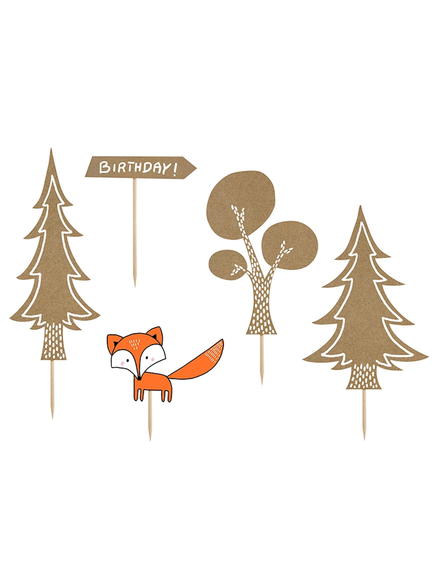 Décorations pour gâteau Forêt pour anniversaire kraft et orange avec renard et sapins