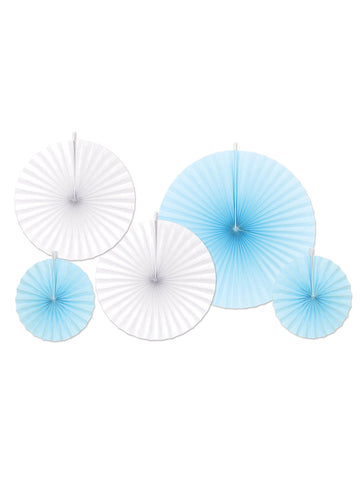 5 сини и бели хартиени розетки за окачване 