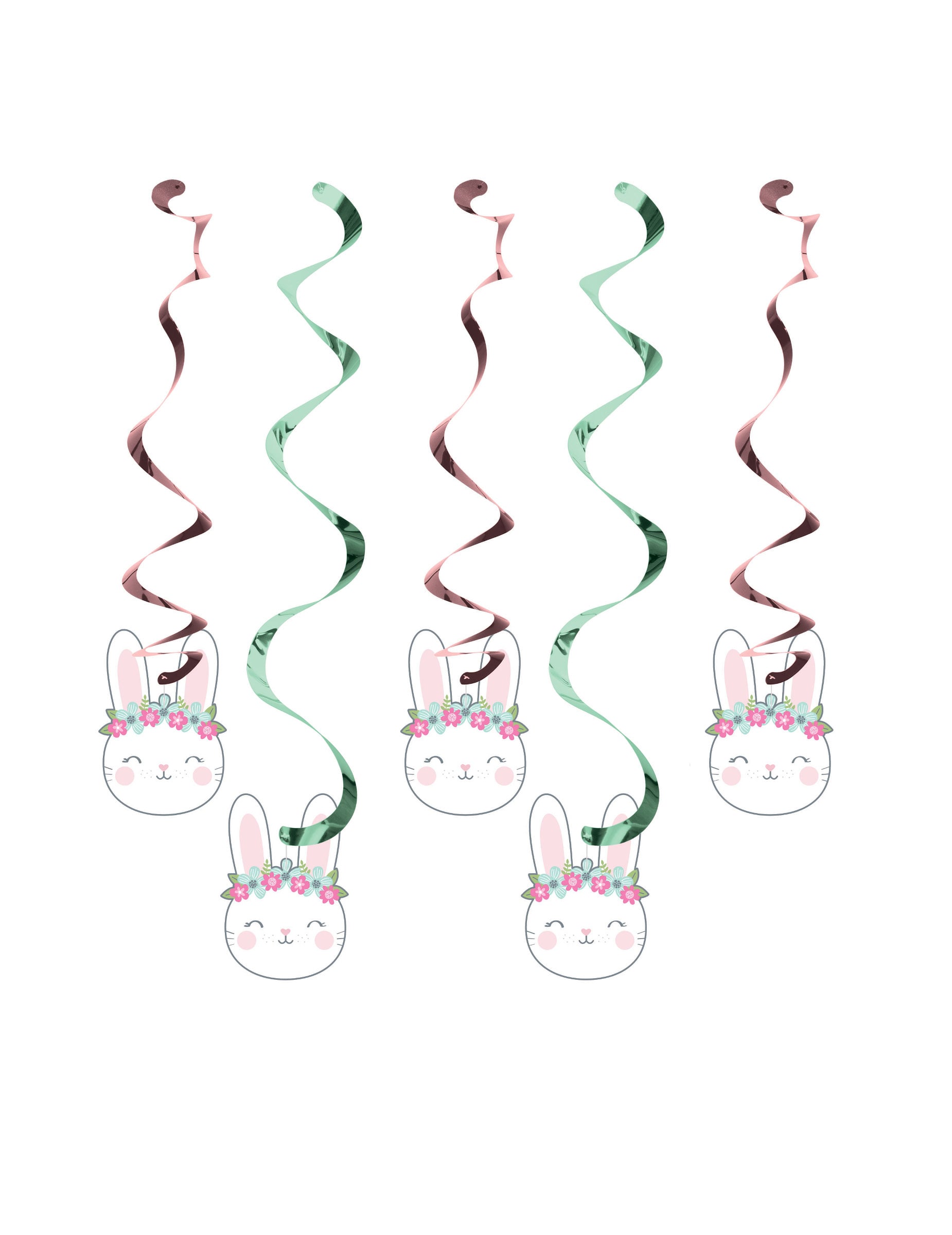Suspensions spirale en carton petit lapin pour anniversaire rose et vert métallisé