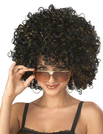 Perruque disco pour adulte noir et or volumineuse