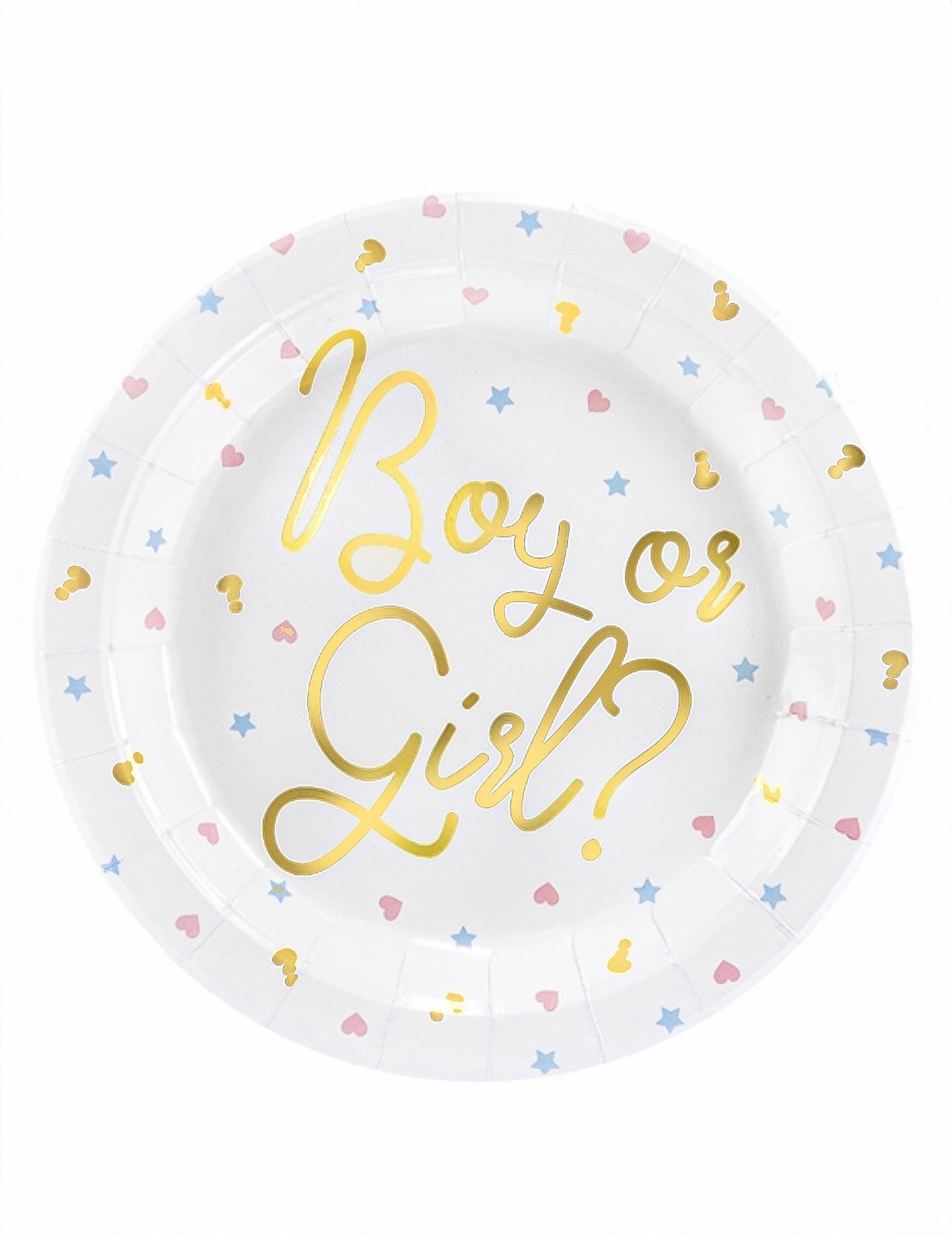 Assiettes en carton Boy or Girl pour baby shower blanches avec lettrage doré