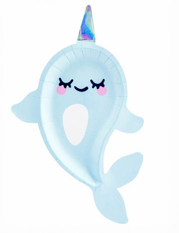 Assiettes en carton licorne des mers narval bleue avec corne holographique