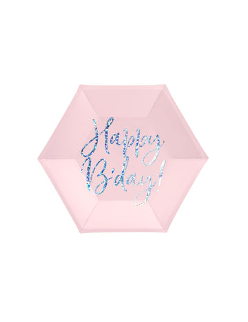 6 assiettes en carton roses happy b'day iridescent 20 cm hexagonales