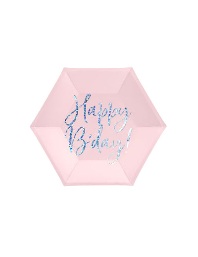 Assiettes en carton Happy B'day rose iridescent hexagonales