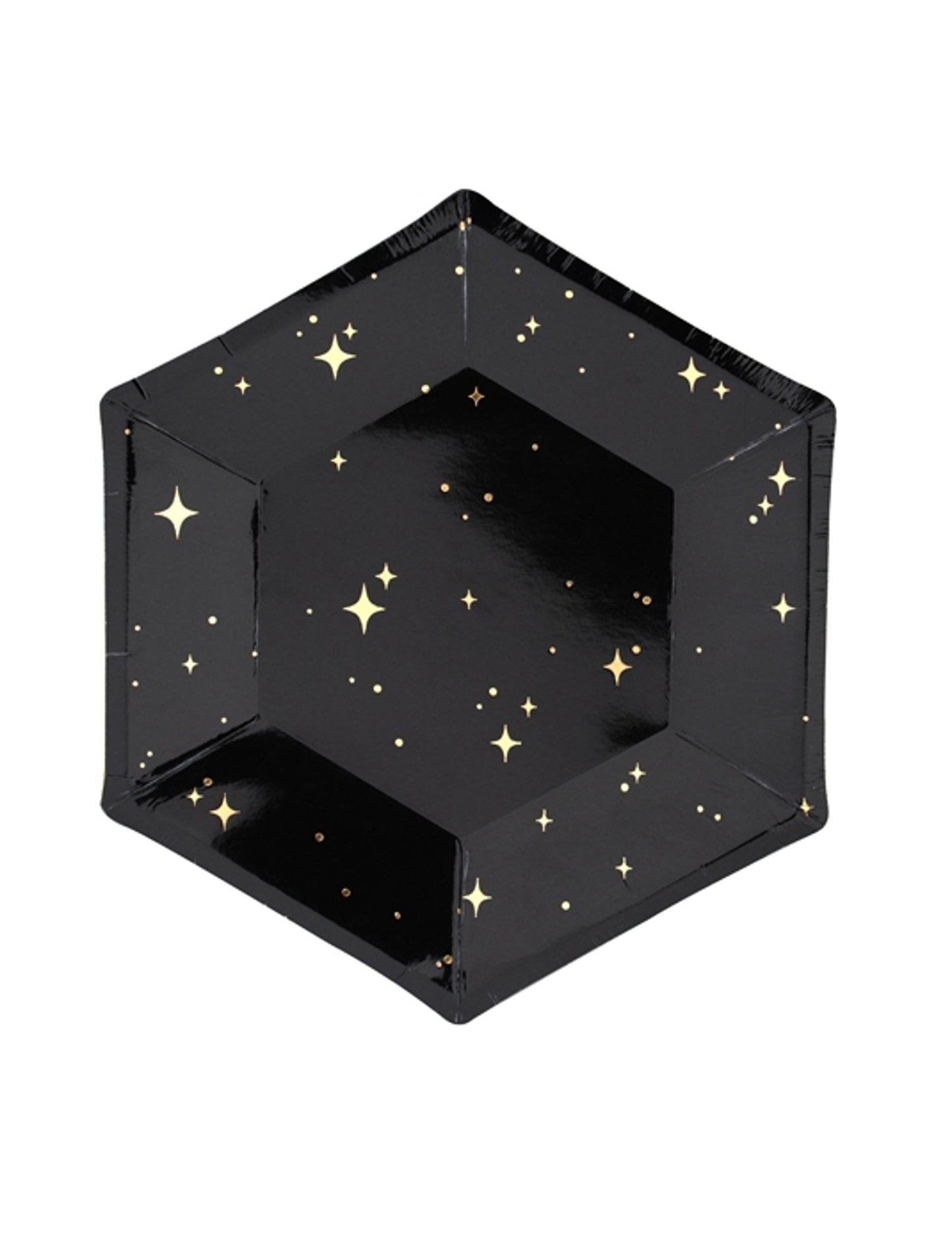 6 assiettes en carton noires et étoiles dorées 20 cm hexagonales