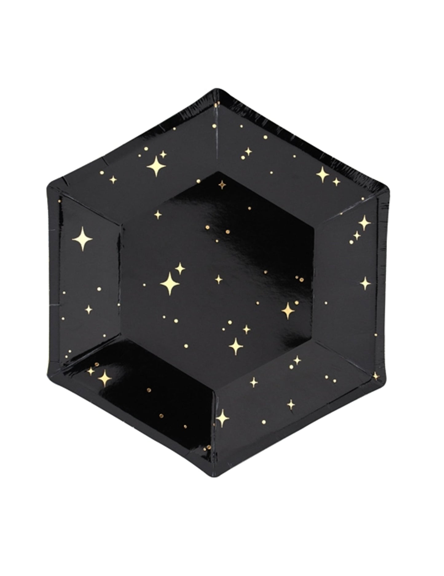 Assiettes en carton hexagonales étoiles pour fête noires et dorées