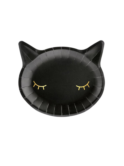 Assiettes en carton tête de chat pour fête noir avec yeux dorés