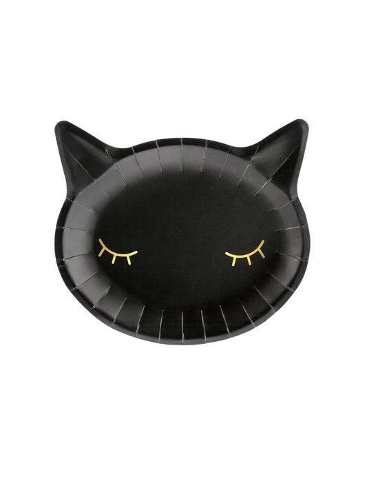 Assiettes en carton tête de chat pour fête noir avec yeux dorés