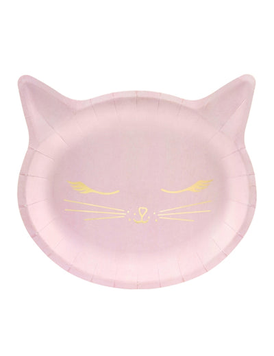 Assiettes en carton tête de chaton rose avec moustaches dorées