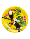 Mise en situation sur une table de fête des assiettes en carton toucan