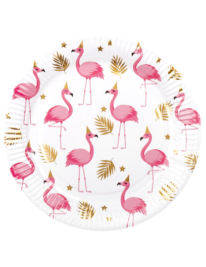 Assiettes Flamant Tropic pour fête rose et or