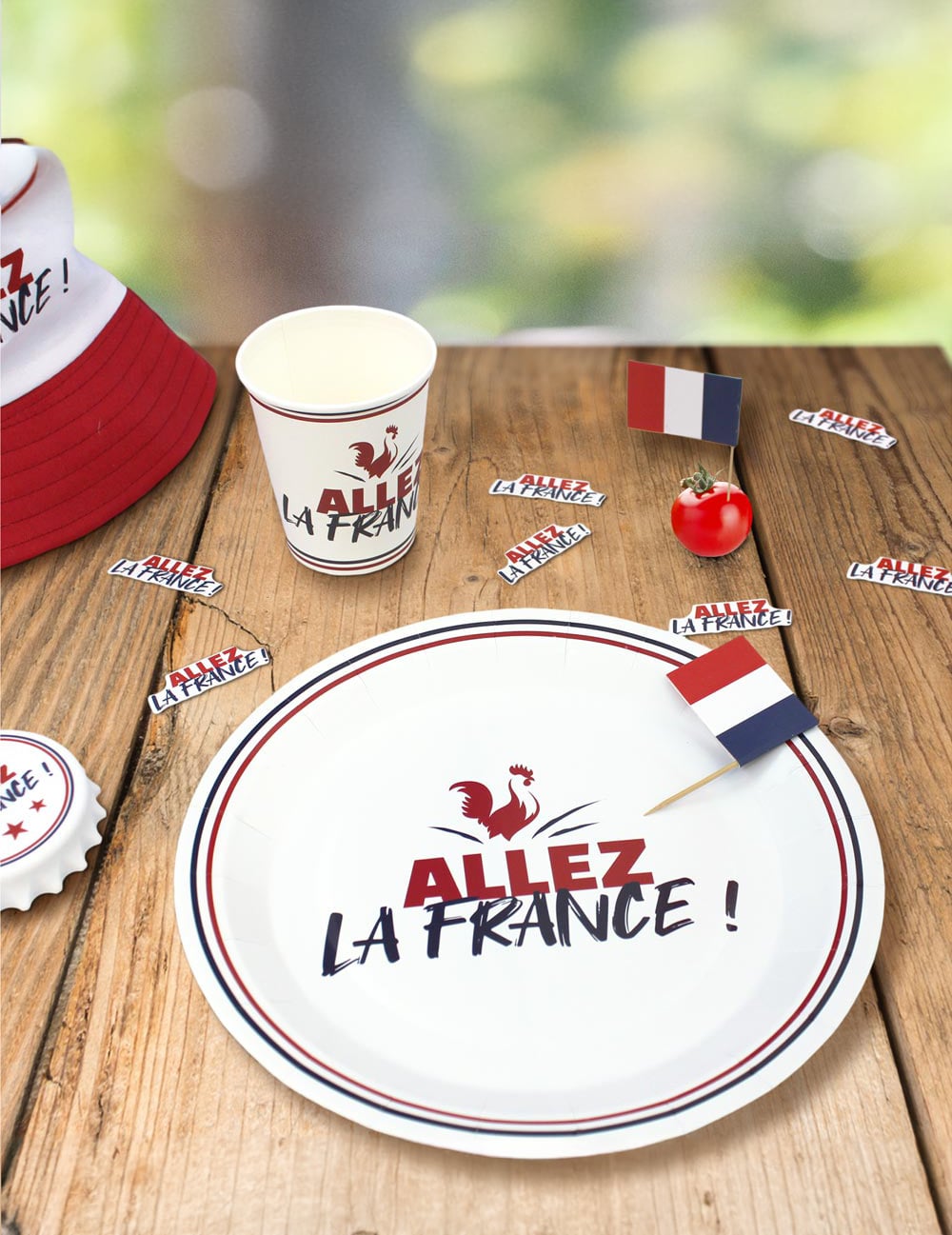 Mise en situation de la décoration de table des assiettes en carton Allez la France