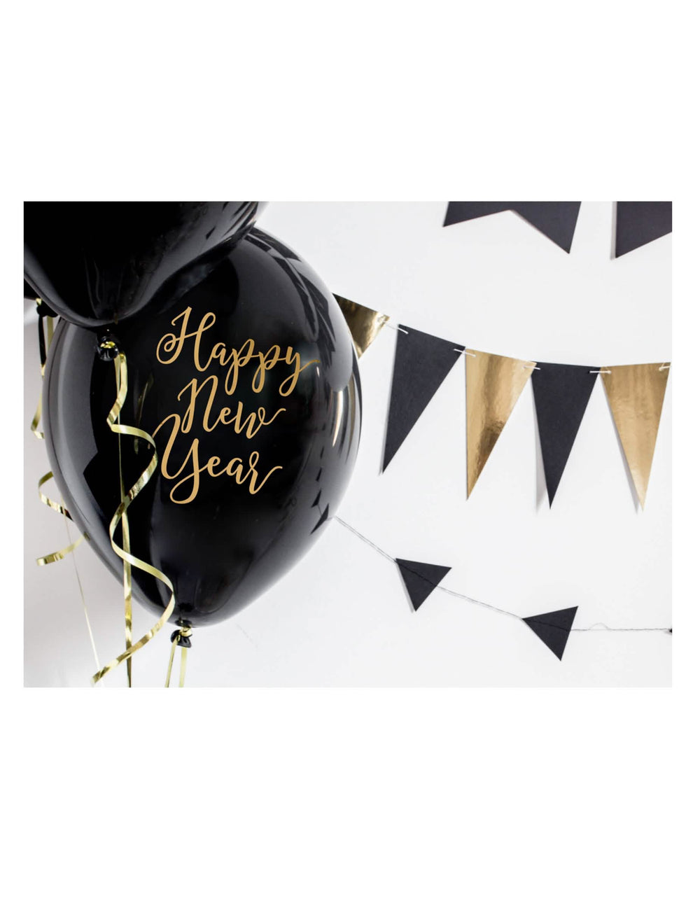 Детайл на златен принт на Ballons латекс Happy New Year черен и златен