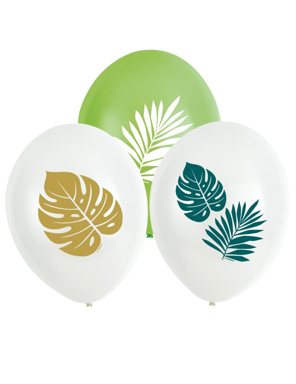 6 ballons en latex tropical chic blancs et verts avec motifs feuilles de palmier