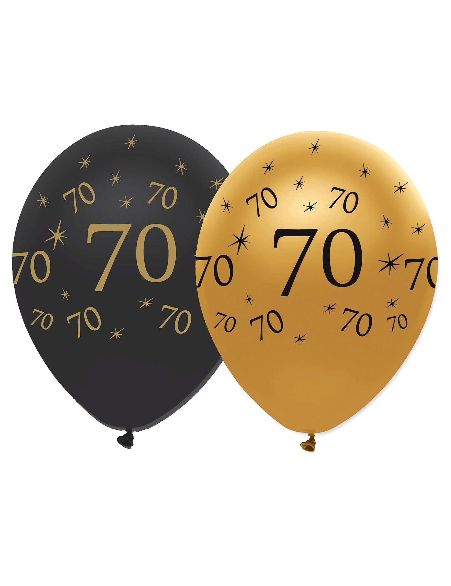 6 латексови балона 70 години, черни и златни, 30 cm