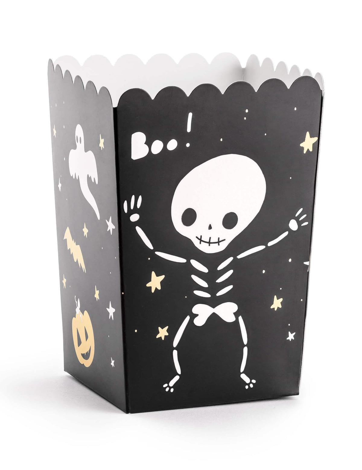 Кутия за пуканки halloween Boo ! за парти черен с мотиви скелет и призрак