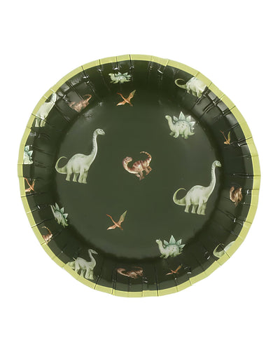 Bols dinosaures pour anniversaire vert en carton avec motifs variés